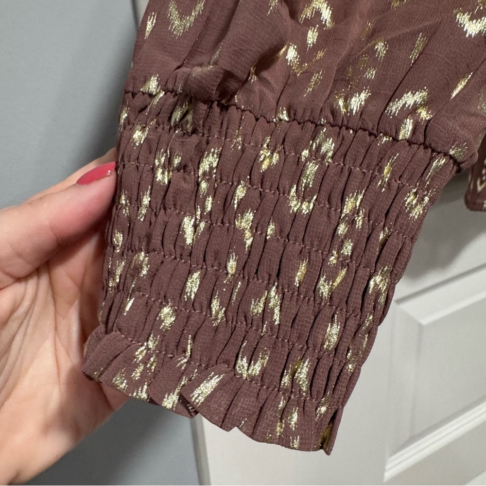 Mystree Brown and Gold Smocked Blouse - Picture 5 of 11